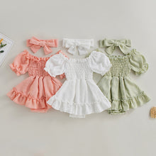 Load image into Gallery viewer, Infant Baby Girls Dress Short Sleeve Ruched Dress Circle Pattern and Headband Bow Outfit
