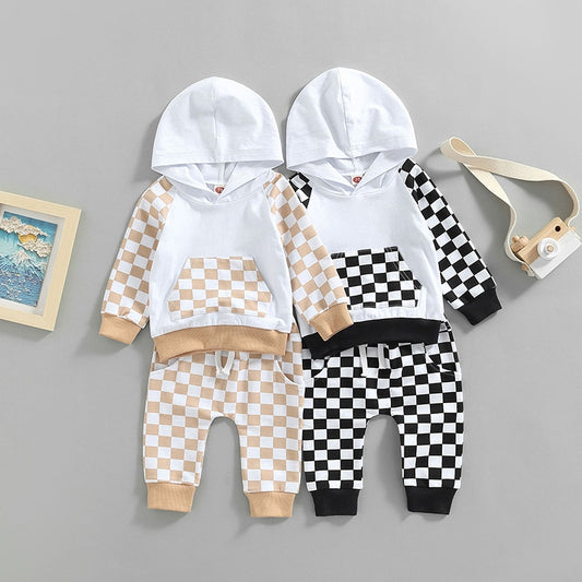 Baby Toddler Girl Boy Outfit 2Pcs Set Plaid Long Sleeve Hoodie with Pockets Elastic Drawstring Waist Pants