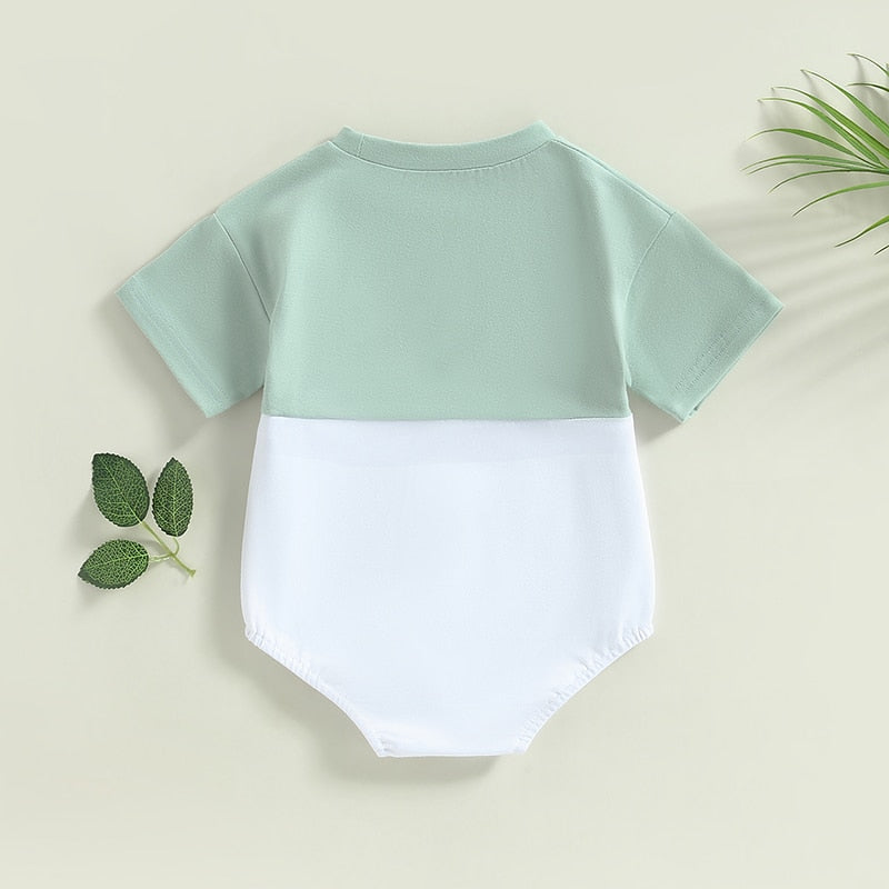 Infant Baby Boys Girls Casual Bodysuit Color Block Short Sleeve Crew Neck Pocket Jumpsuits Bubble Romper