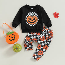 Load image into Gallery viewer, Baby Boys Girls 2Pcs Halloween Outfits Long Sleeve Pumpkin Top Plaid Checkered Pants Set
