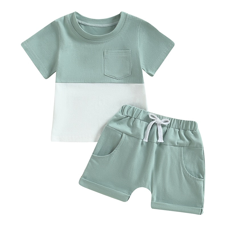 Toddler Baby Boys 2Pcs Outfit Short Sleeve Pocket Color Block T-shirt with Elastic Waist Shorts