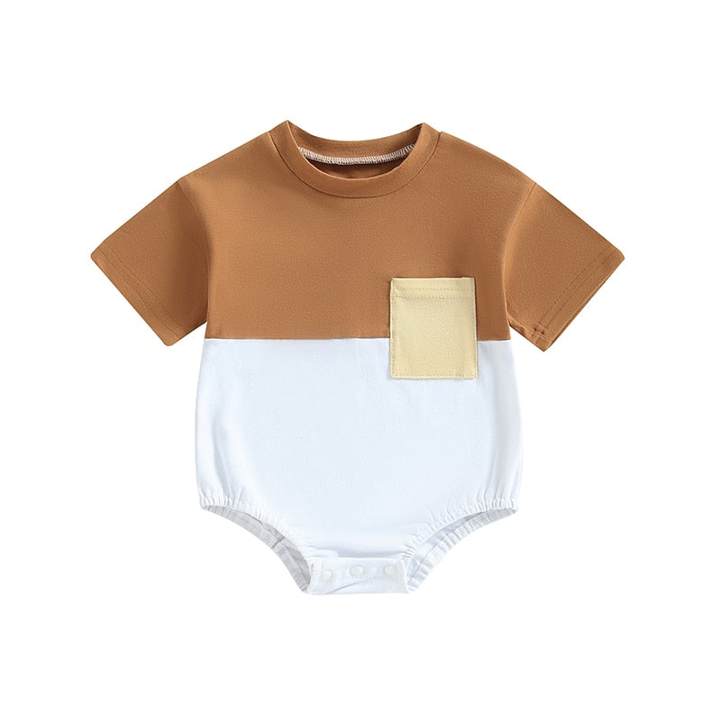 Infant Baby Boys Girls Casual Bodysuit Color Block Short Sleeve Crew Neck Pocket Jumpsuits Bubble Romper