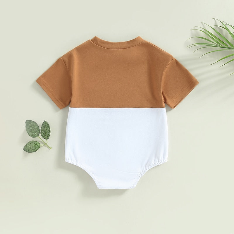 Infant Baby Boys Girls Casual Bodysuit Color Block Short Sleeve Crew Neck Pocket Jumpsuits Bubble Romper