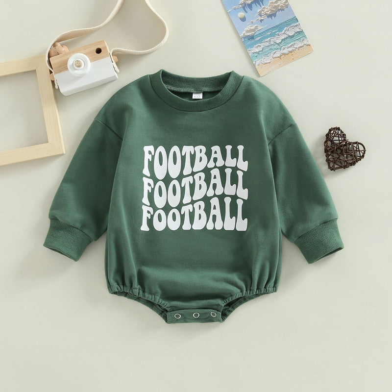 Infant Baby Boys Girls  Bodysuit Long Sleeve Crew Neck Game Day Baby Football Print Jumpsuit Bubble Romper