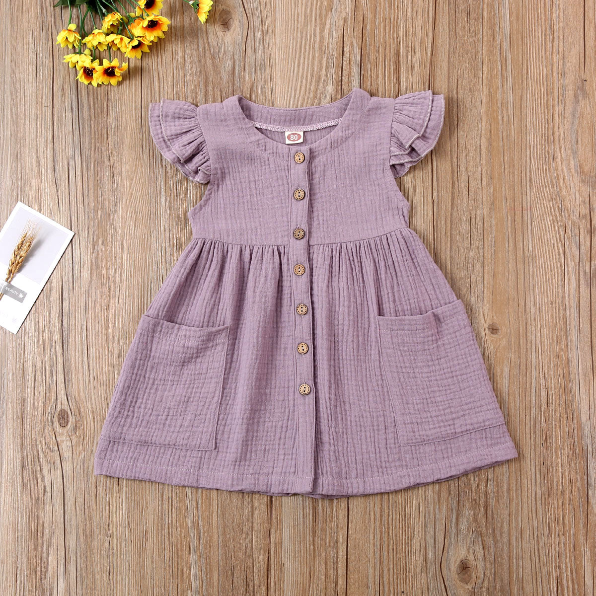 Toddler Kid Baby Girl Summer Dress Ruffles Sleeves Cotton Button Pocket Dress Sundress