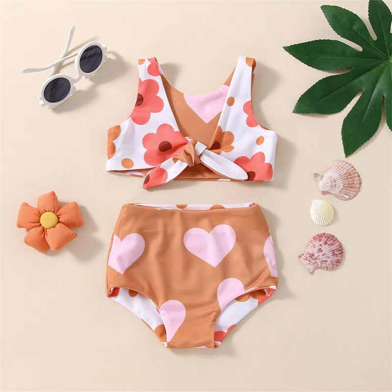 Infant Baby Girls Summer Reversible Swimsuit Flower Heart Print V-Neck Front Knotted Top High Waist Bottoms