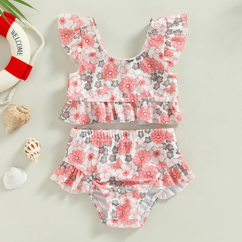 Toddler Baby Girl 2Pcs Bikini Set Flower Bison Print Flutter Sleeve Bathing Swimsuit