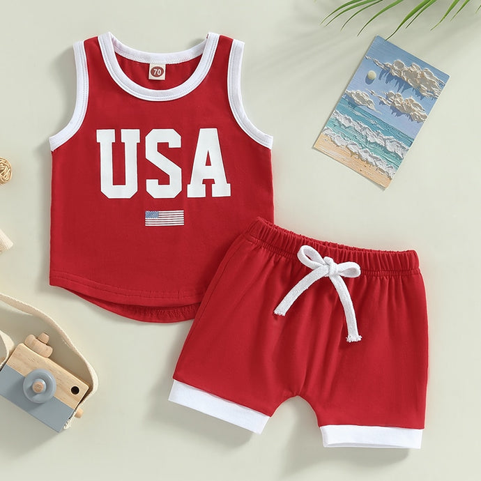 Baby Toddler Boy 2Pcs Outfit Set Tank Top USA Print and Red Drawstring Shorts