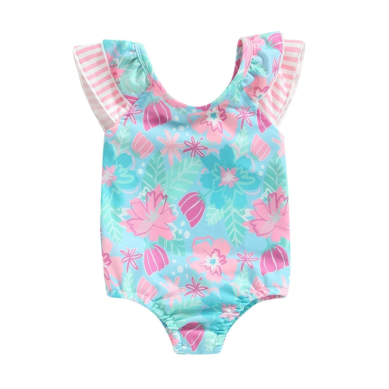 Infant Baby Girl Swimsuits Ruffle Trim Floral Print Flutter Sleeves Swimwear Beachwear