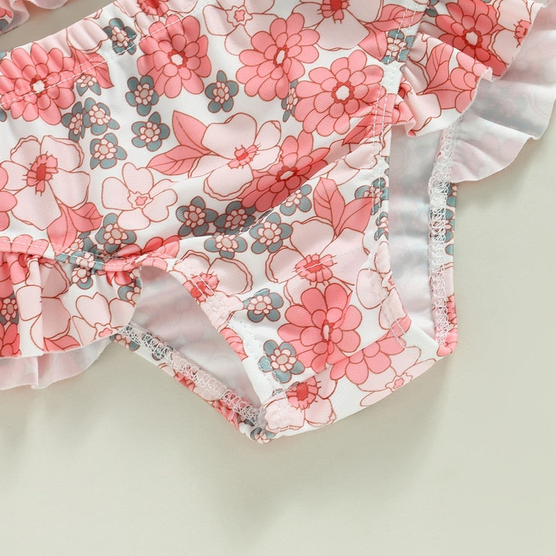 Toddler Baby Girl 2Pcs Bikini Set Flower Bison Print Flutter Sleeve Bathing Swimsuit