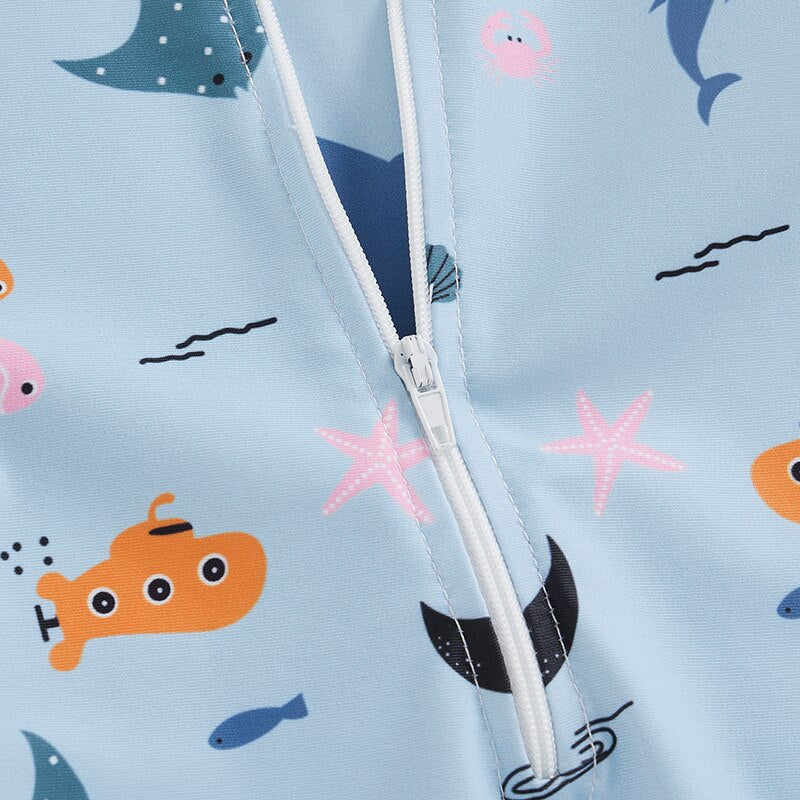 Toddler Baby Boy Girl Summer Marine Life Print Short Sleeve Front Zipper Shorts Swim Suit Swimwear