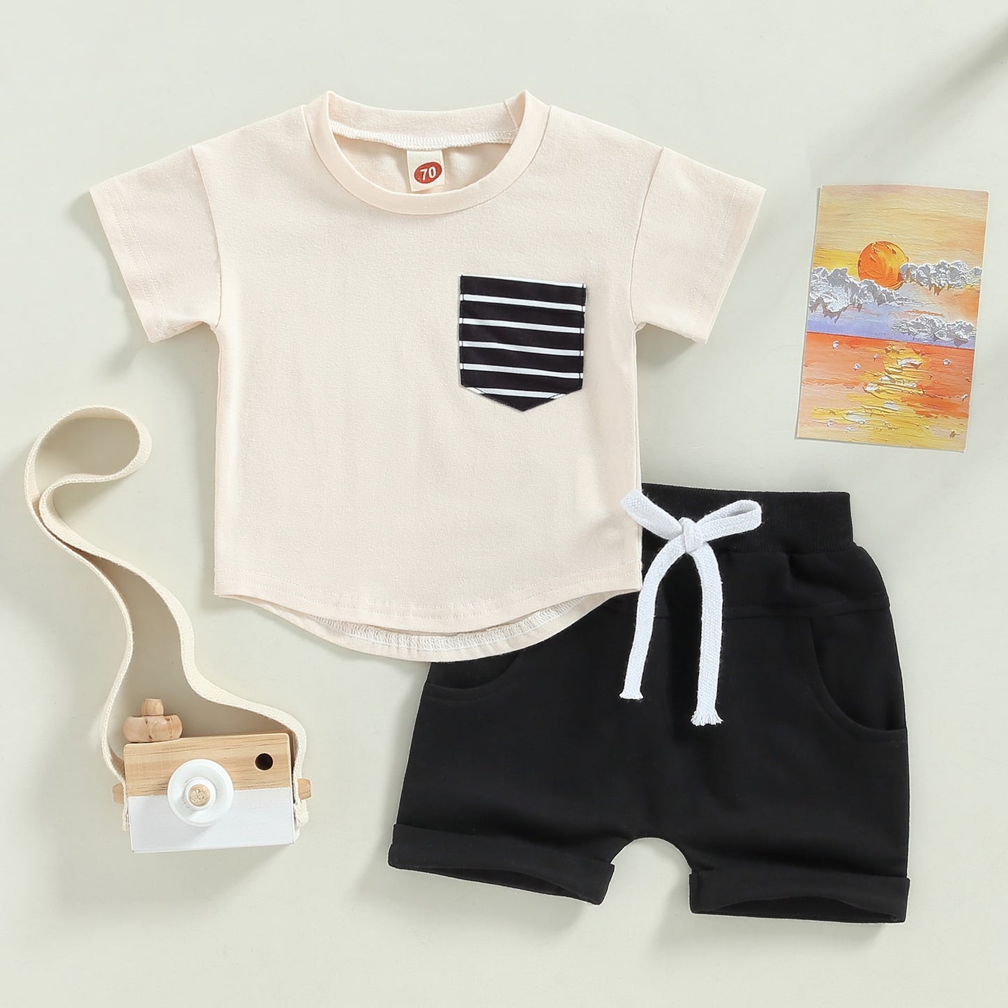 Toddler Baby Boys 2Pcs Shorts Outfit Short Sleeve Crew Neck Stripes Pocket T-shirt with Elastic Waist Shorts