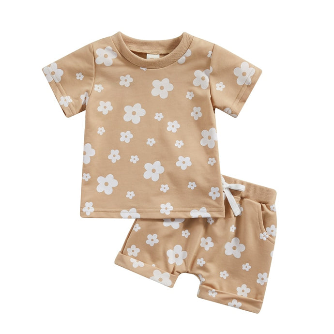 Toddler Baby Girl 2Pcs Summer Short Sleeve Floral Printed Crew Neck Shirt Top Shorts Outfit
