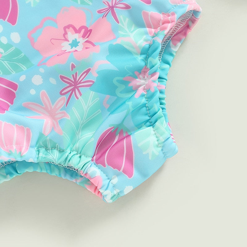 Infant Baby Girl Swimsuits Ruffle Trim Floral Print Flutter Sleeves Swimwear Beachwear