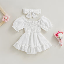 Load image into Gallery viewer, Infant Baby Girls Dress Short Sleeve Ruched Dress Circle Pattern and Headband Bow Outfit
