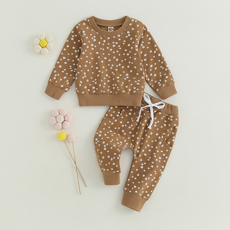 Baby Toddler Girls 2 Pcs Fall Outfit Flower Print Long Sleeve Crew Neck Top Pants