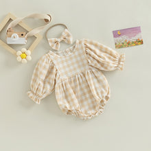 Load image into Gallery viewer, Infant Baby Girls Plaid Long Sleeve Jumpsuit with Bow Headband Romper Outfit
