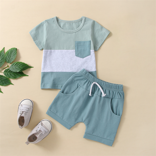 Toddler Baby Boy 2Pcs Summer Clothes Set Short Sleeve Round Neck Stripe Print T-Shirt Solid Shorts