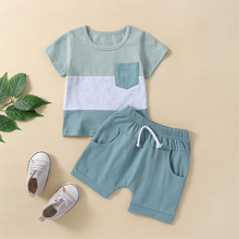 Load image into Gallery viewer, Toddler Baby Boy 2Pcs Summer Clothes Set Short Sleeve Round Neck Stripe Print T-Shirt Solid Shorts
