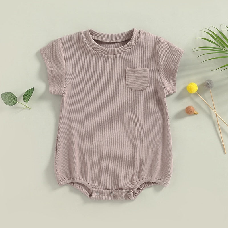 Baby Boy Girl Summer Bodysuit Casual Ribbed Tshirt Short Sleeve Round Neck Solid Bubble Romper