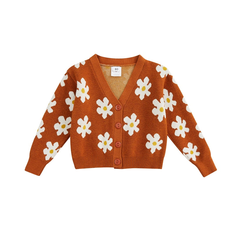 Toddler Girls Autumn Clothes Knit Cardigan Long Sleeve V Neck Floral Print Button Down Sweater