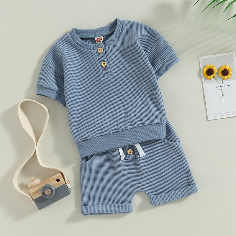 Infant Baby Girls Boys Waffle Knit Outfits Crew Neck Short Sleeve Top with Buttons and Cute Shorts