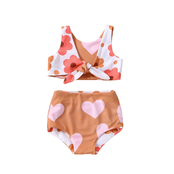 Infant Baby Girls Summer Reversible Swimsuit Flower Heart Print V-Neck Front Knotted Top High Waist Bottoms