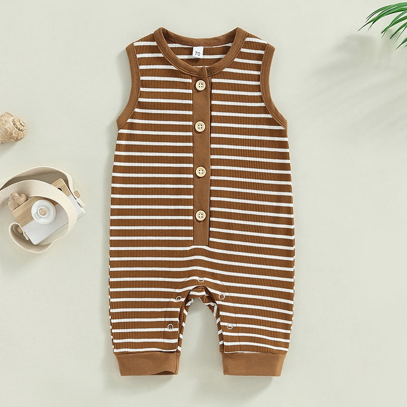 Infant Baby Girls Boys Romper Stripe Tank Top Crew Neck Buttons Snap Closure Jumpsuits