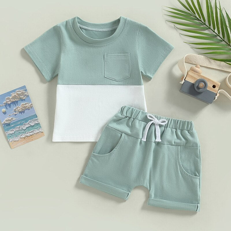 Toddler Baby Boys 2Pcs Outfit Short Sleeve Pocket Color Block T-shirt with Elastic Waist Shorts