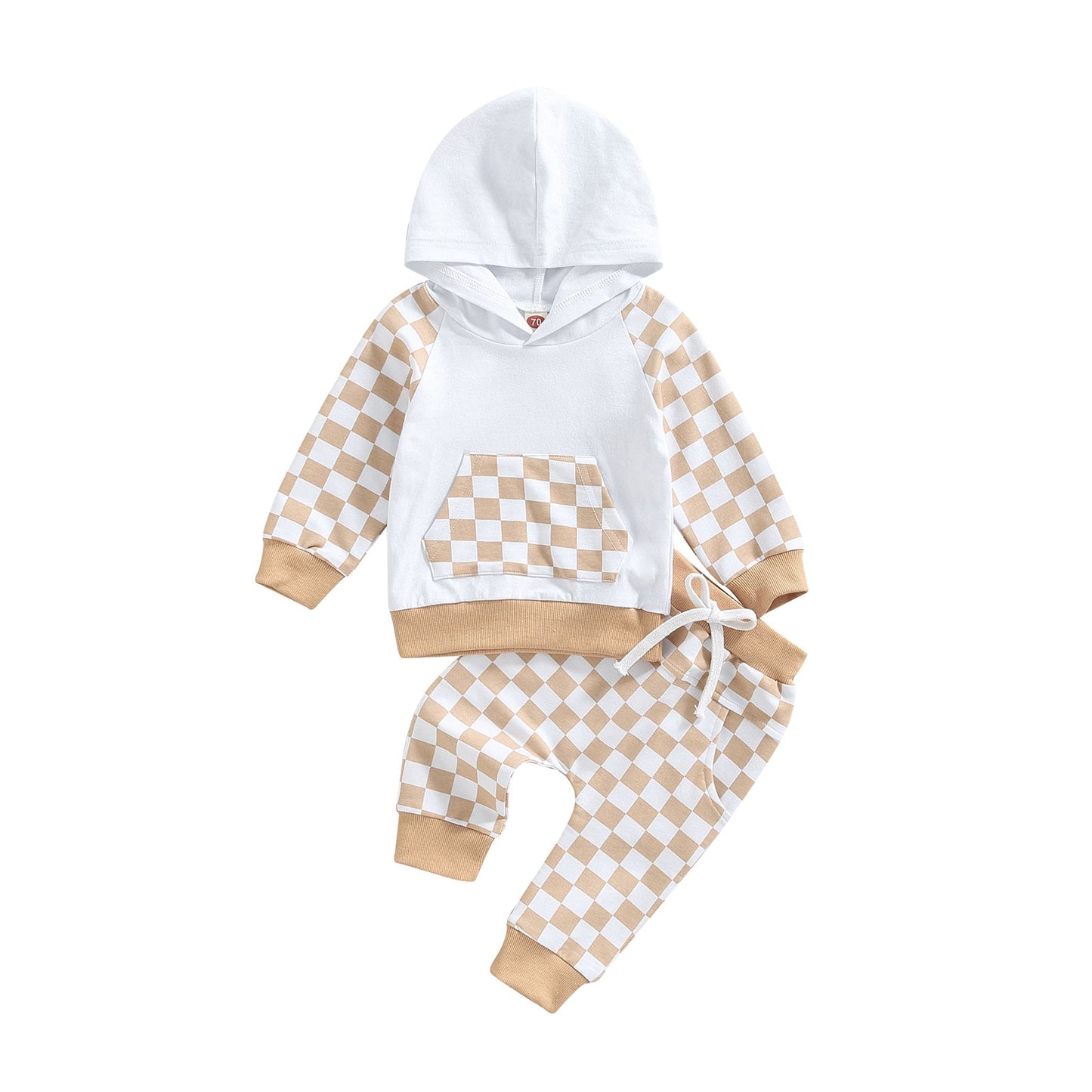 Baby Toddler Girl Boy Outfit 2Pcs Set Plaid Long Sleeve Hoodie with Pockets Elastic Drawstring Waist Pants