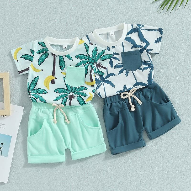 Toddler Baby Boy 2Pcs Palm Tree Print Short Sleeve Crew Neck T-Shirts Shorts Outfit