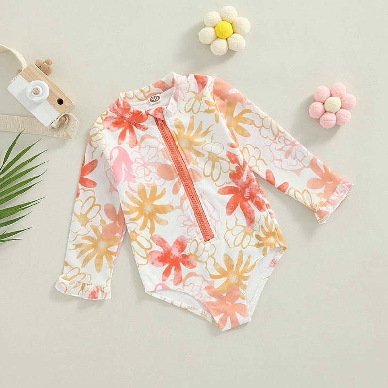 Toddler Girls Long Sleeve Swimsuit Flower Print Zipper Swimwear