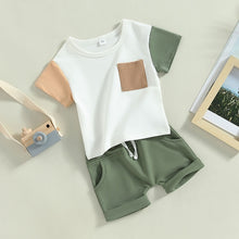 Load image into Gallery viewer, Toddler Baby Boy 2Pcs Summer Outfits Short Sleeve Color Block T-Shirt Pocket Shorts Set
