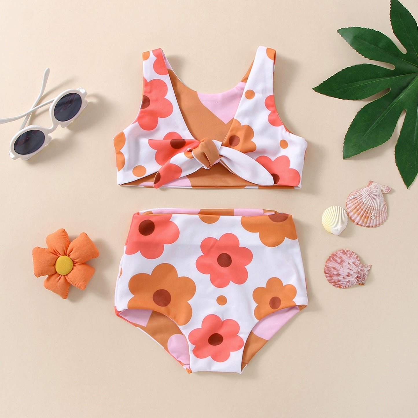 Infant Baby Girls Summer Reversible Swimsuit Flower Heart Print V-Neck Front Knotted Top High Waist Bottoms