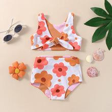 Load image into Gallery viewer, Infant Baby Girls Summer Reversible Swimsuit Flower Heart Print V-Neck Front Knotted Top High Waist Bottoms
