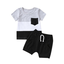 Load image into Gallery viewer, Toddler Kid Boys 2Pcs Color Block Stripe Chest Pocket T-Shirt and Drawstring Shorts Outfit
