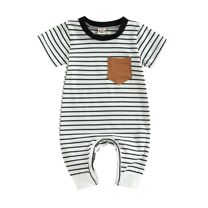 Infant Baby Boys Jumpsuit Crew Neck Color Block Short Sleeve Striped Pocket Romper