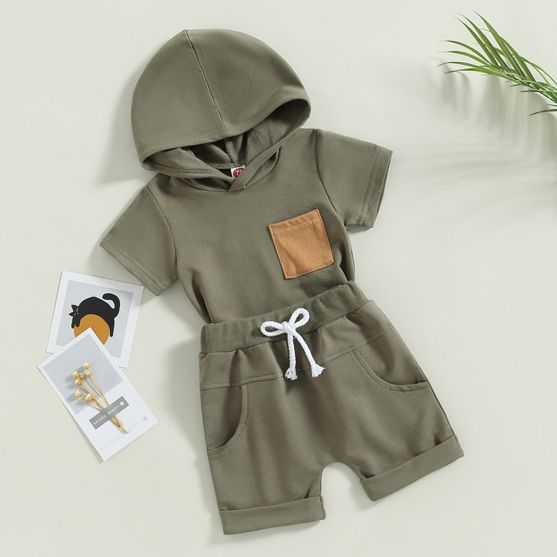 Toddler Baby Boys 2Pcs Short Sleeve Hooded Pocket T-shirt with Elastic Waist Shorts Outfit