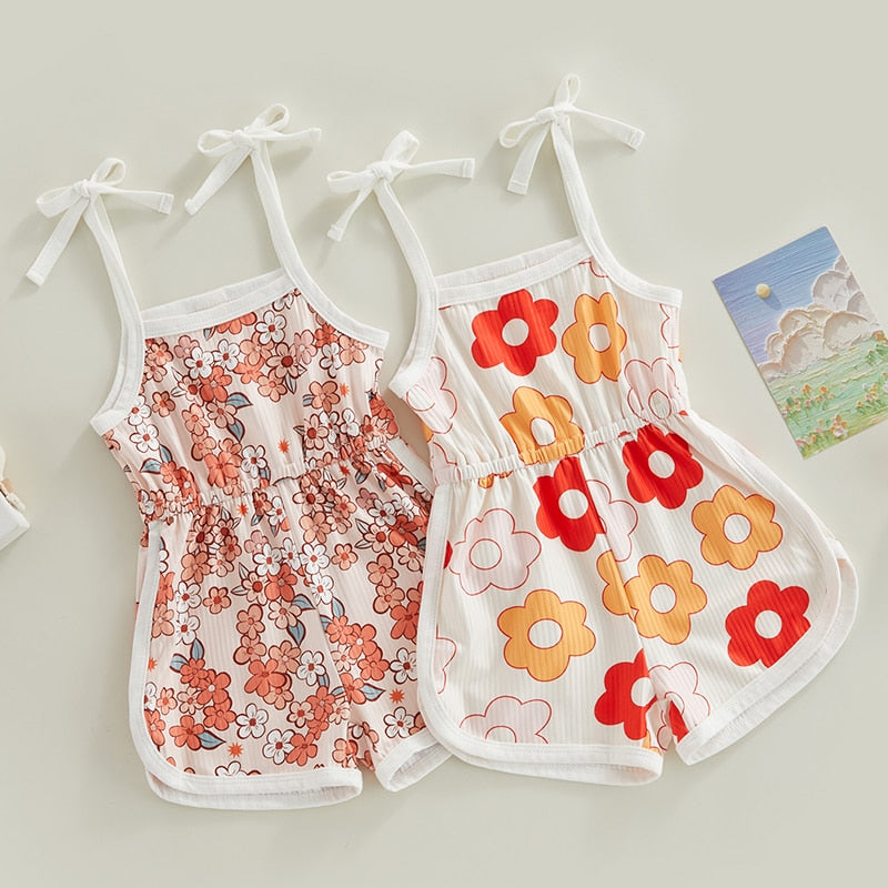 Toddler Baby Girl Summer Jumpsuit Flower Print Tie Up Shorts Romper