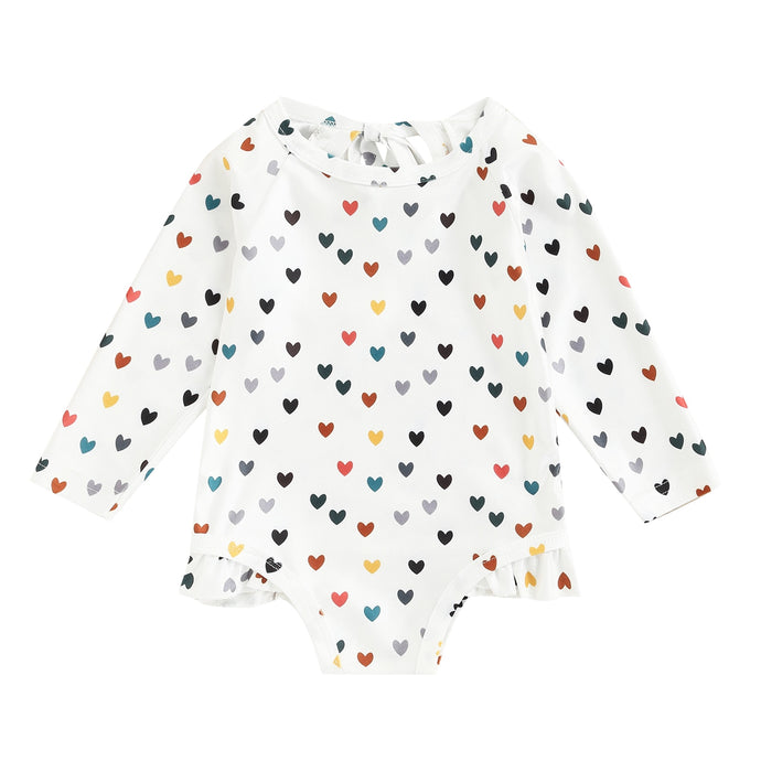 Toddler Baby Girl Summer Long Sleeve Ruffle Bottom Heart Print Bathing Suit Swimwear Rash Guard
