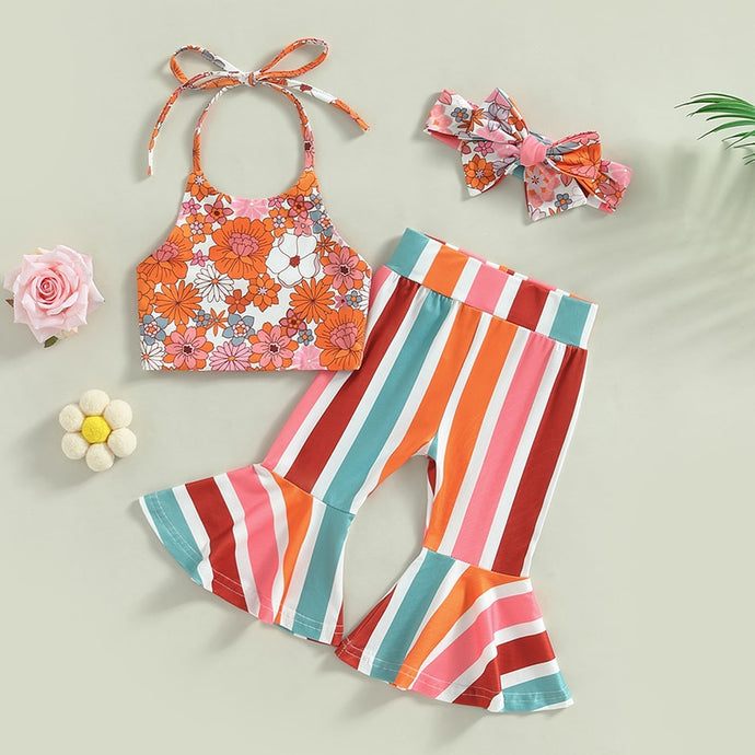 Toddler Baby Kid Girls 3Pcs Summer Set Tie-up Halter Top Floral Flare Pants