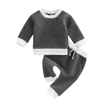 Load image into Gallery viewer, Infant Baby Boy Girl 2Pcs Set Waffle Blocks Jacquard Contrast Long Sleeve Crew Neck Top and Pants
