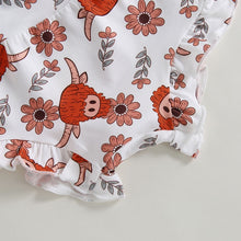 Load image into Gallery viewer, Infant Baby Girl 3Pcs Outfit Sets Black Tank Top Ruffle Bodysuit Cattle Cow Head Print Shorts Headband
