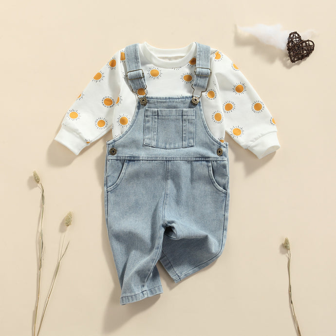 2 Piece Sun Crewneck Top with Denim Overall Jumpsuit Infant Toddler Girl Boy Set