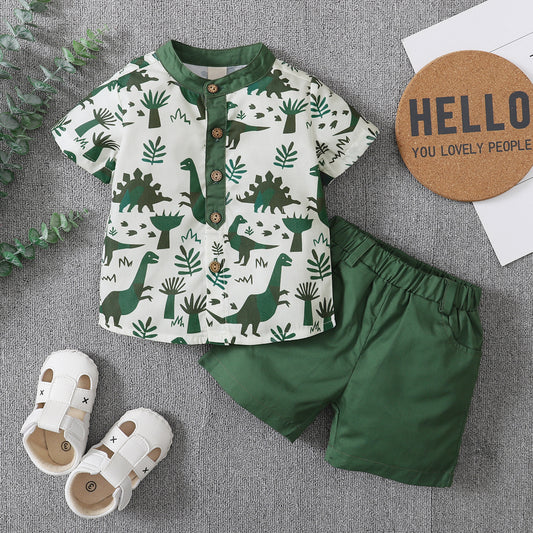 2 Piece Dino and Plant Button Down Top with Short Bottoms Infant Toddler Boy Set