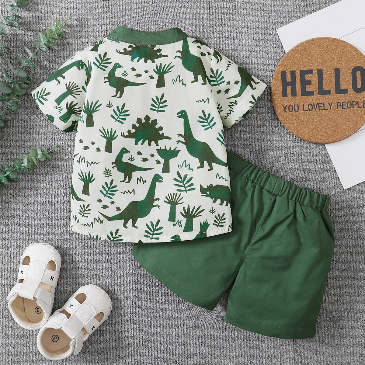 2 Piece Dino and Plant Button Down Top with Short Bottoms Infant Toddler Boy Set