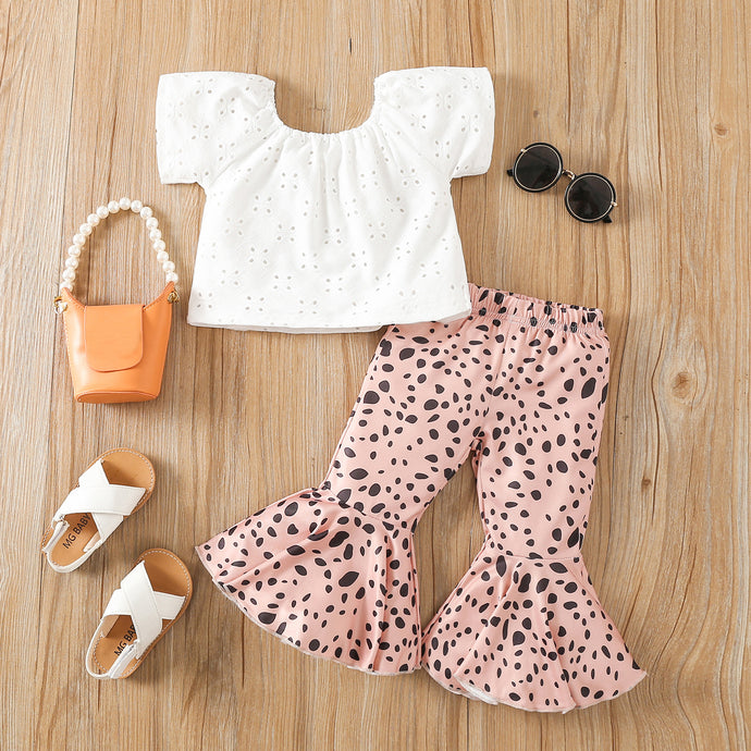 2 Piece Spotted and Eyelet Lace Infant Baby Girl Short Sleeve Top And Bell Bottoms Set