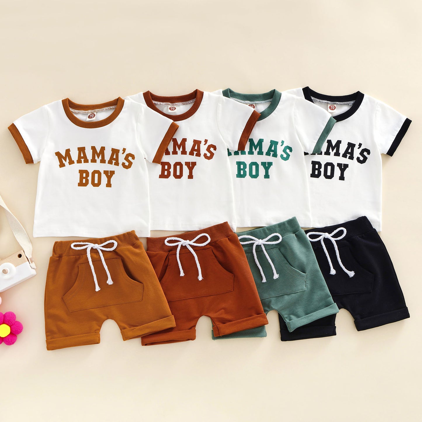 Two Piece Retro Style Mama's Boy Short Sleeve Top and Middle Pocket Short Infant Baby Boy Set