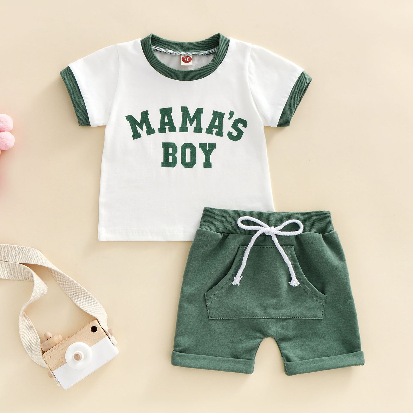 Two Piece Retro Style Mama's Boy Short Sleeve Top and Middle Pocket Short Infant Baby Boy Set