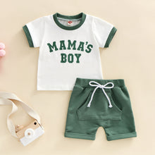 Load image into Gallery viewer, Two Piece Retro Style Mama&#39;s Boy Short Sleeve Top and Middle Pocket Short Infant Baby Boy Set
